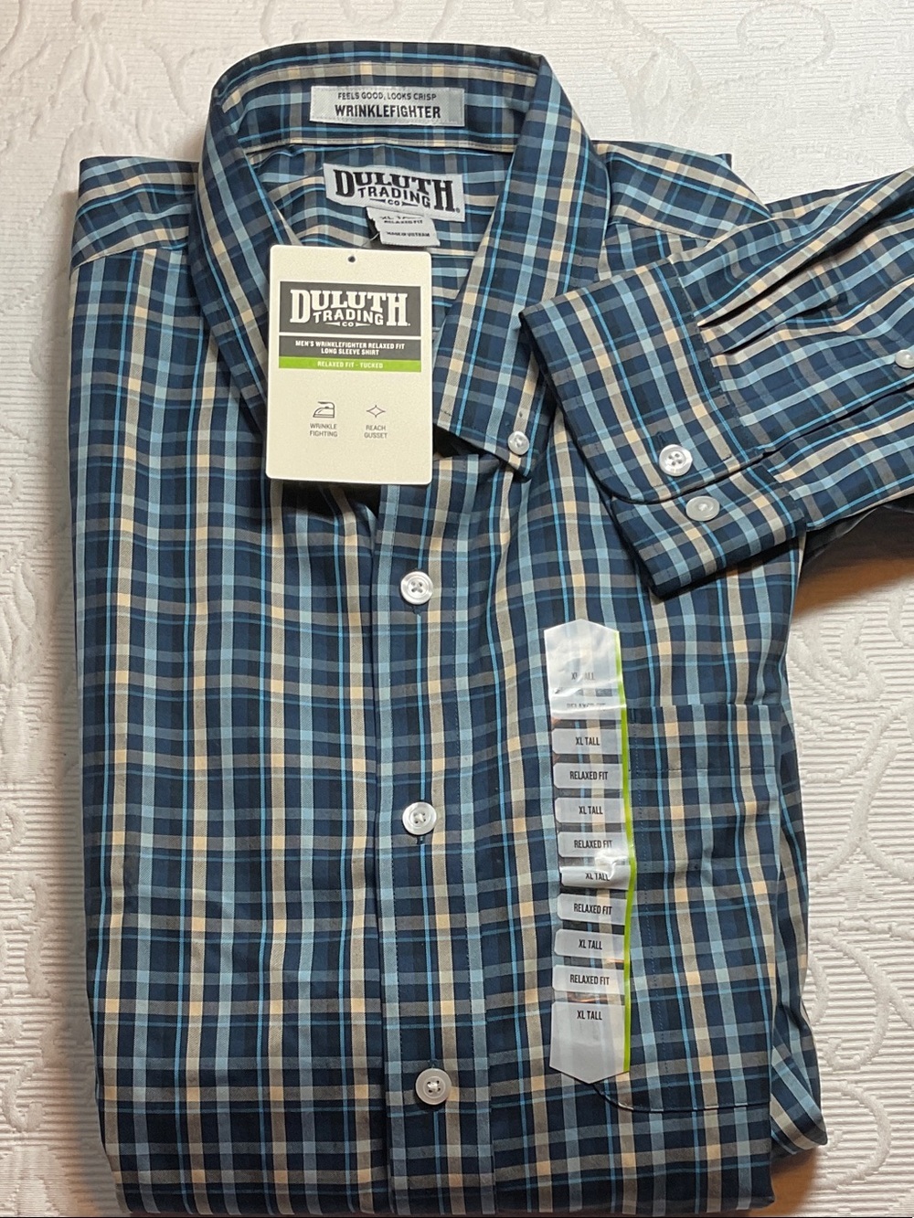 Duluth Trading Co Blue and Tan Plaid Button-Down Shirt. XL TALL. NWT